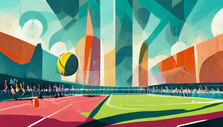 Rugby players on a green field in a bright sunny dayの素材