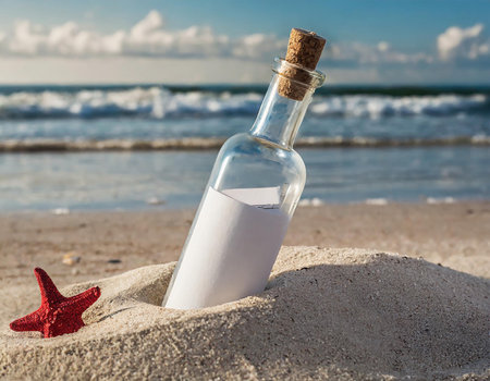 Message in a bottle on the beach with starfish and sea backgroundの素材