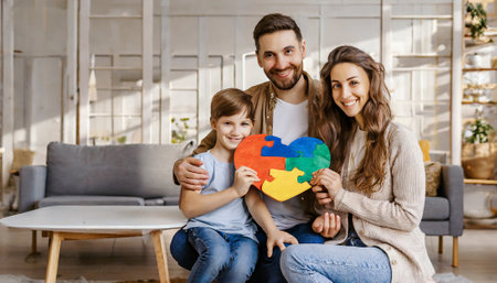 Portrait of a happy family sitting on the floor in the living room and holding a puzzleの素材