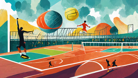 Vector illustration of a basketball court with ball and players in the backgroundの素材