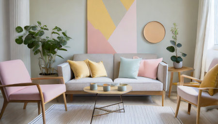 interior of modern living room with sofa, pillows and plantsの素材