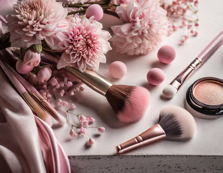 Makeup brushes, flowers and cosmetics on white table, closeupの素材