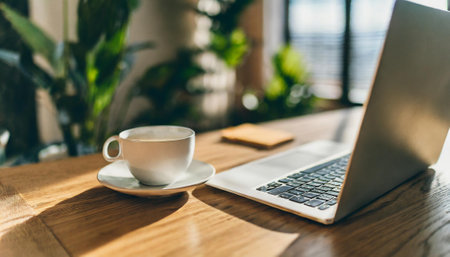 Coffee cup and laptop on wooden table in coffee shop.の素材