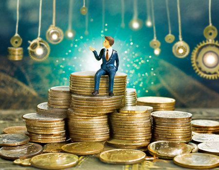 Miniature people: Businessman sitting on stack of coins with light background.の素材