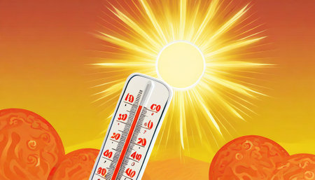 Thermometer on the background of the sun and planets. Vector illustrationの素材