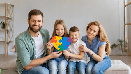 Happy family sitting on sofa and holding colorful puzzle pieces in living roomの素材