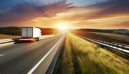 Truck on the highway at sunset, motion blur. Transport and logistics conceptの素材