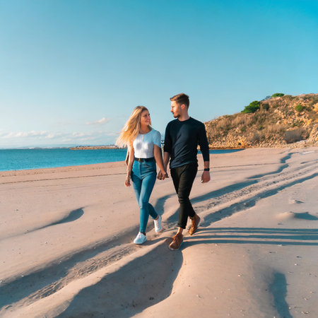 Young couple walking on the beach. Man and woman walking on the beachの素材