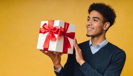 Happy african american man holding a gift box on yellow backgroundの素材