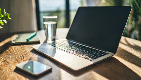 Laptop on the wooden table in the cafe. Work from home concept.の素材