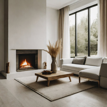 Modern living room interior with fireplace and comfortable sofa. Toned imageの素材