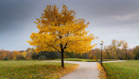 Autumn landscape with a lonely tree in the park on a cloudy dayの素材
