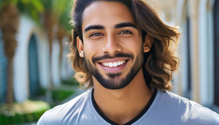Close up portrait of a handsome young man smiling and looking at cameraの素材