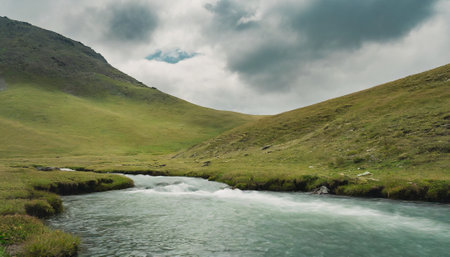 Mountain landscape with river and cloudy sky, Kyrgyzstanの素材