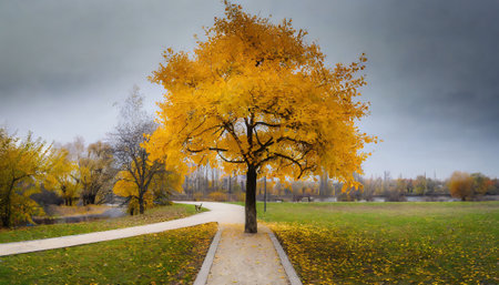 Autumn landscape with a tree in the park, Moscow, Russiaの素材