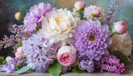 Bouquet of pink and purple peonies and lilac flowersの素材