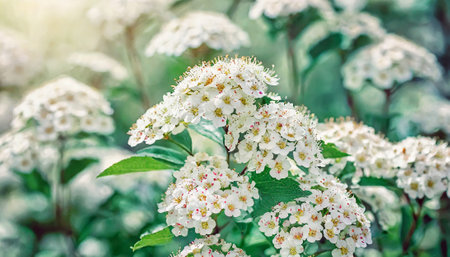 Blooming white flowers of Spirea paniculata in springの素材