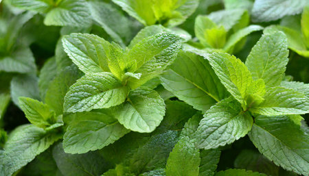 Fresh mint leaves in the garden, close-up. Nature backgroundの素材