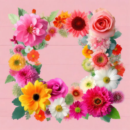 Frame made of colorful flowers on pink wooden background. Flat lay, top viewの素材