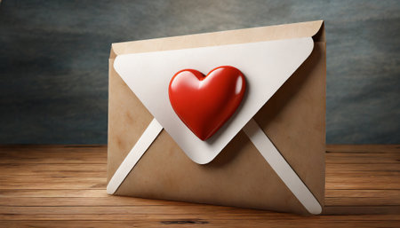 Envelope with red heart on wooden table, 3d renderの素材