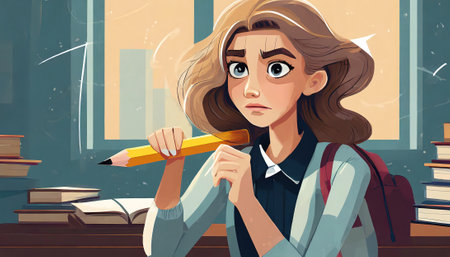 Vector illustration of a schoolgirl sitting at the desk and holding a pencilの素材