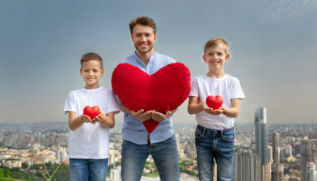 happy family with red heart on the roof of a modern skyscraperの素材