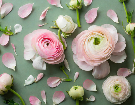 Beautiful ranunculus flowers and petals on green background, flat layの素材