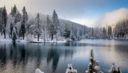 Beautiful winter landscape with snow covered trees and lake in the mountainsの素材