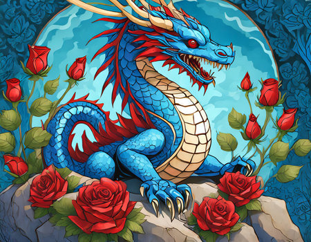 Blue dragon with red roses on the background of the moon. Vector illustrationの素材