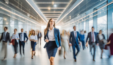 Businesswoman walking in the corridor of a modern office building with colleagues in the backgroundの素材