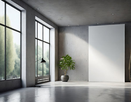 Interior of modern office with concrete walls, concrete floor, panoramic window and white mock up poster. 3d renderingの素材