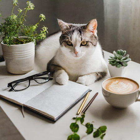 Cute cat with glasses, notebook and cup of coffee on tableの素材