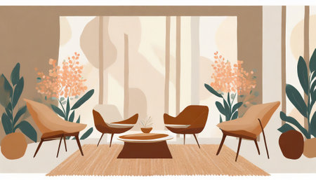 Living room interior with armchairs, coffee table and plants. Vector illustration.の素材