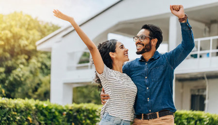 happy indian couple with raised hands and looking at each other outdoorsの素材