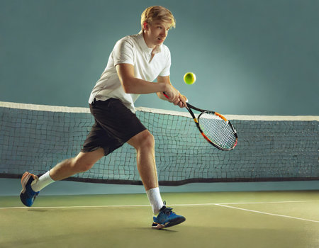 Young man playing tennis. Sport and healthy lifestyle. Studio shot.の素材