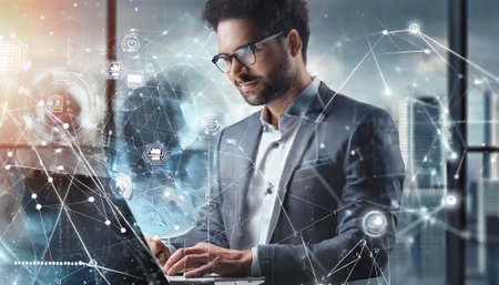 Businessman using laptop in modern office with double exposure of social network interface. Concept of networking and communication. Toned imageの素材