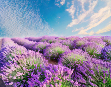 Beautiful lavender flowers on the background of the blue sky.の素材
