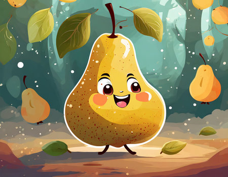 Cute cartoon pear character in the autumn forest. Vector illustration.の素材