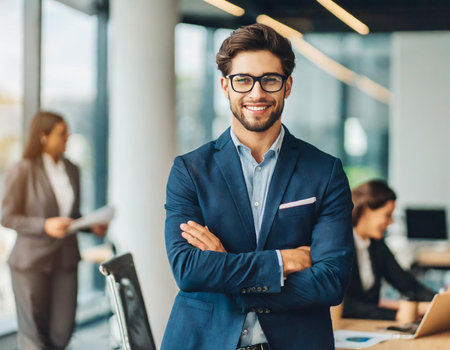 Portrait of smiling young businessman standing with arms crossed in office.の素材