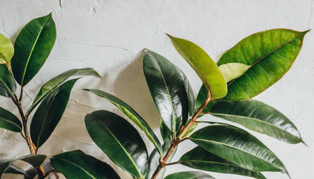 Ficus elastica or rubber plant in pot on white wall backgroundの素材
