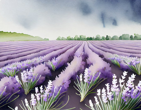 Watercolor lavender field. Hand drawn watercolor illustration for your designの素材
