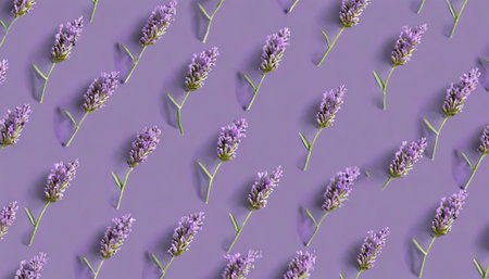 Lavender flowers pattern on a purple background. Flat lay.の素材