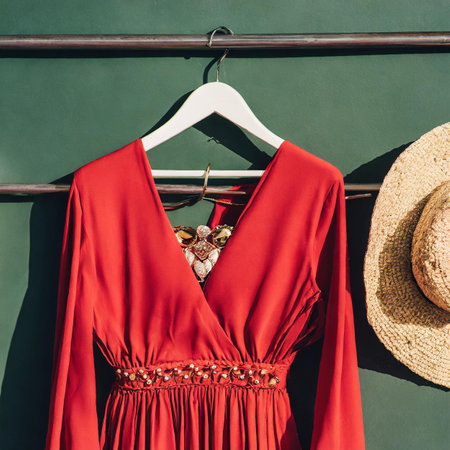 Fashionable red dress on a hanger on the background of a green wallの素材
