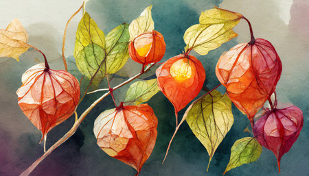 Watercolor painting of physalis flowers. Hand-drawn illustration.の素材
