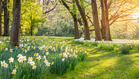 Beautiful daffodils in spring park. Nature background.の素材