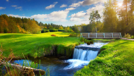 Beautiful summer landscape with a small waterfall in the meadow.の素材