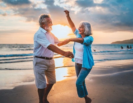 Senior couple dancing on the beach at sunset. Retirement lifestyle and happiness concept.の素材