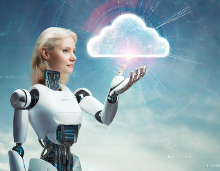 Image of female cyborg touching icon of cloud computing. Mixed mediaの素材