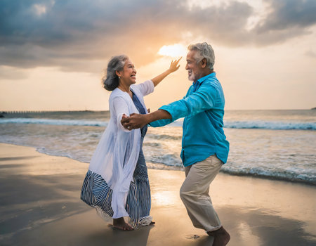 Happy senior couple dancing on the beach at sunset time. Retirement and lifestyle concept.の素材