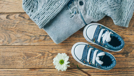 Baby clothes and shoes on a wooden background. Selective focus. nature.の素材